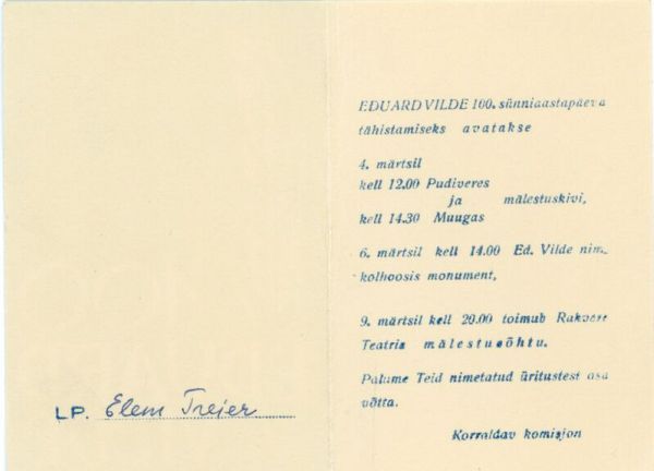 Kutse Ed. Vilde juubeliüritustele, TALK EVM 1361 EVAr 1157, Tallinna Kirjanduskeskus, http://www.muis.ee/museaalview/2000695. 