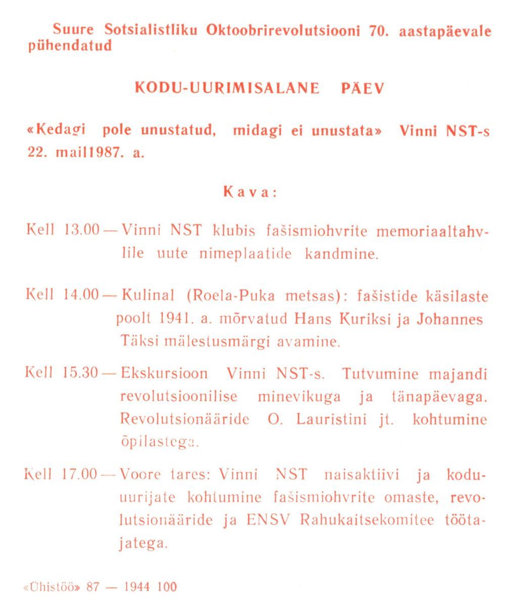 Kodu-uurimis alase päeva kava, 22.05.1987